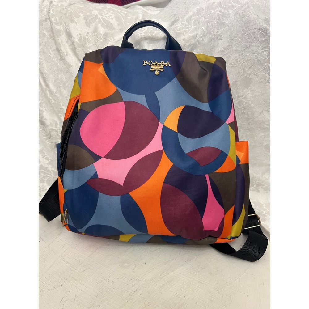 POABA Multi Color Geometric Print Nylon Backpack  Gold Logo Sarah Jessica Parker